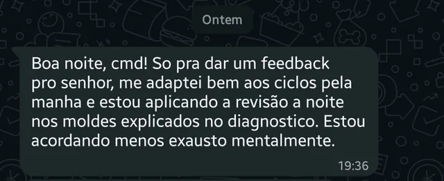 Print de conversa real com aluno: Rotina ajustada pelo diagnóstico