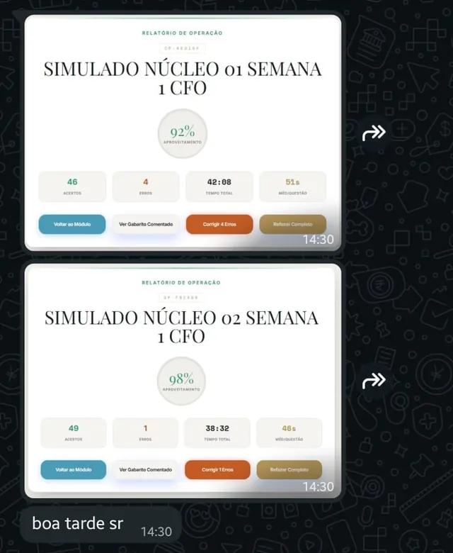 Print de conversa real com aluno: Aluno CFO · 92% e 98% nos simulados